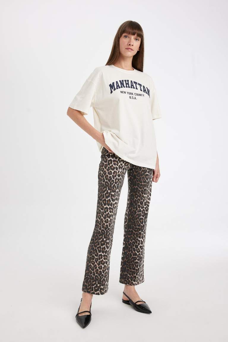 Straight Fit Leopar Gabardin Palazzo Pantolon Yüksek Bel Cepli Uzun
