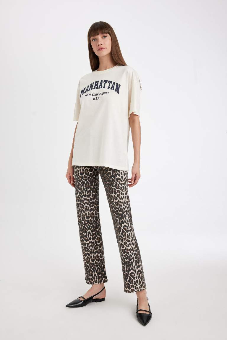 Straight Fit Leopar Gabardin Palazzo Pantolon Yüksek Bel Cepli Uzun