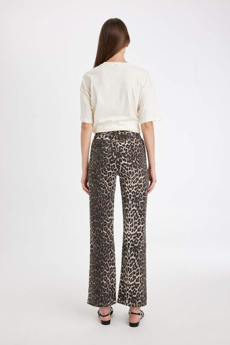Straight Fit Leopar Gabardin Palazzo Pantolon Yüksek Bel Cepli Uzun