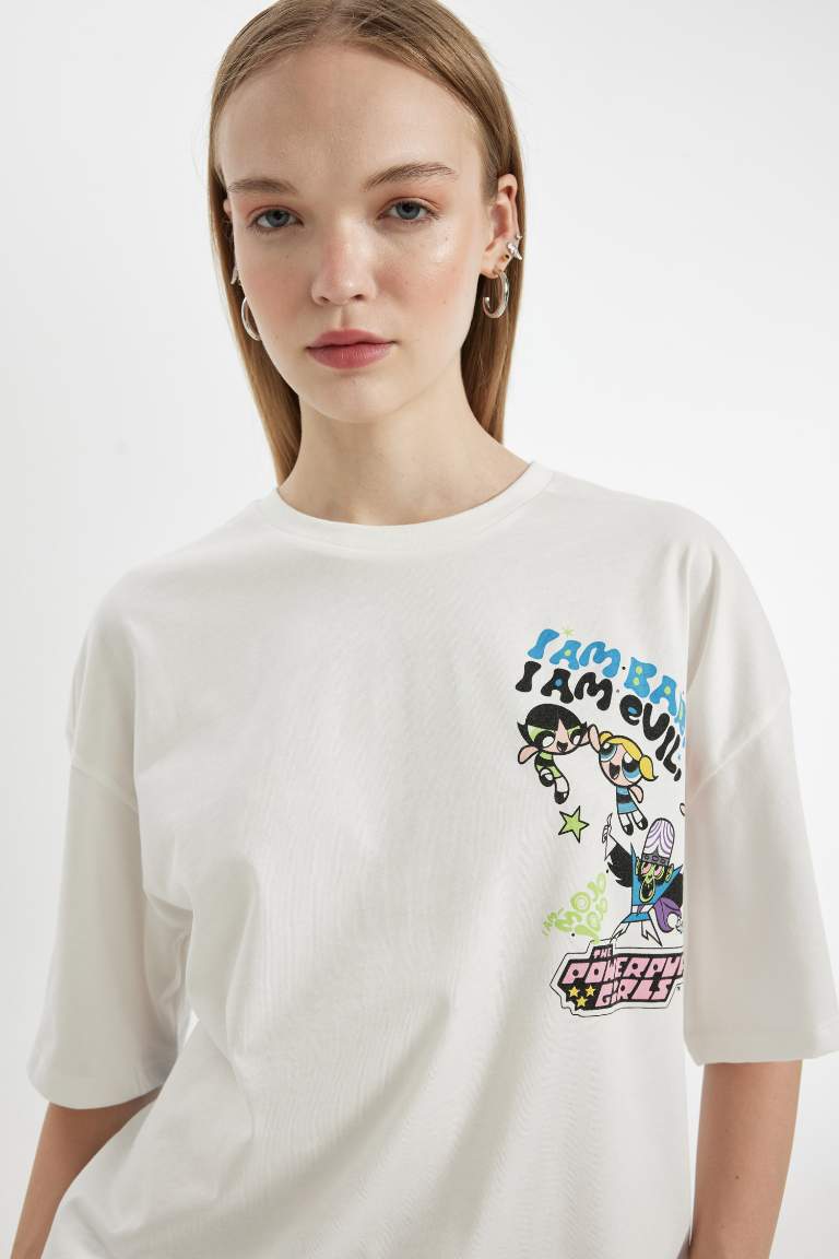 Coool PowerPuff Girls Oversize Geniş Kalıp Bisiklet Yaka Baskılı Kısa Kollu Tişört