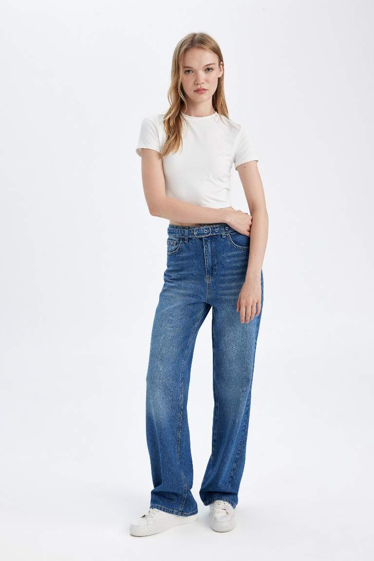 90's Wide Leg Yüksek Bel Geniş Paça Uzun Jean Yıkamalı Pantolon