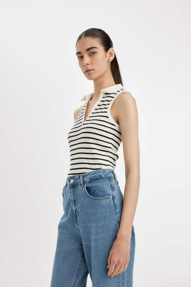 Slim Fit Striped Polo Neck Ribbed Camisole Crop Top