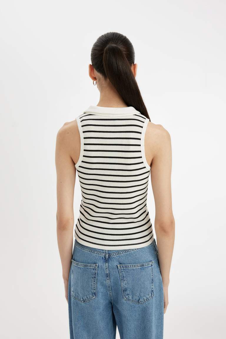 Slim Fit Striped Polo Neck Ribbed Camisole Crop Top