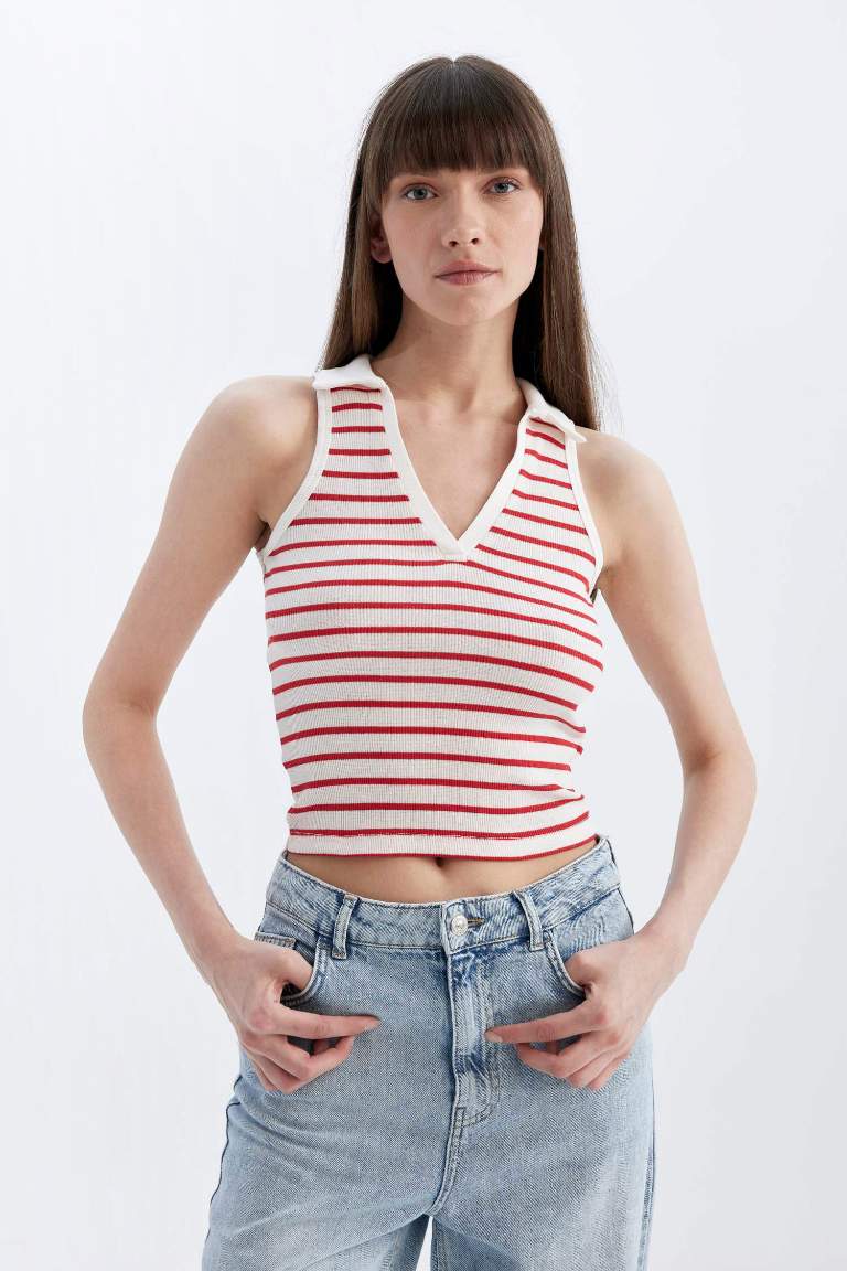 Slim Fit Striped Polo Neck Ribbed Crop Top