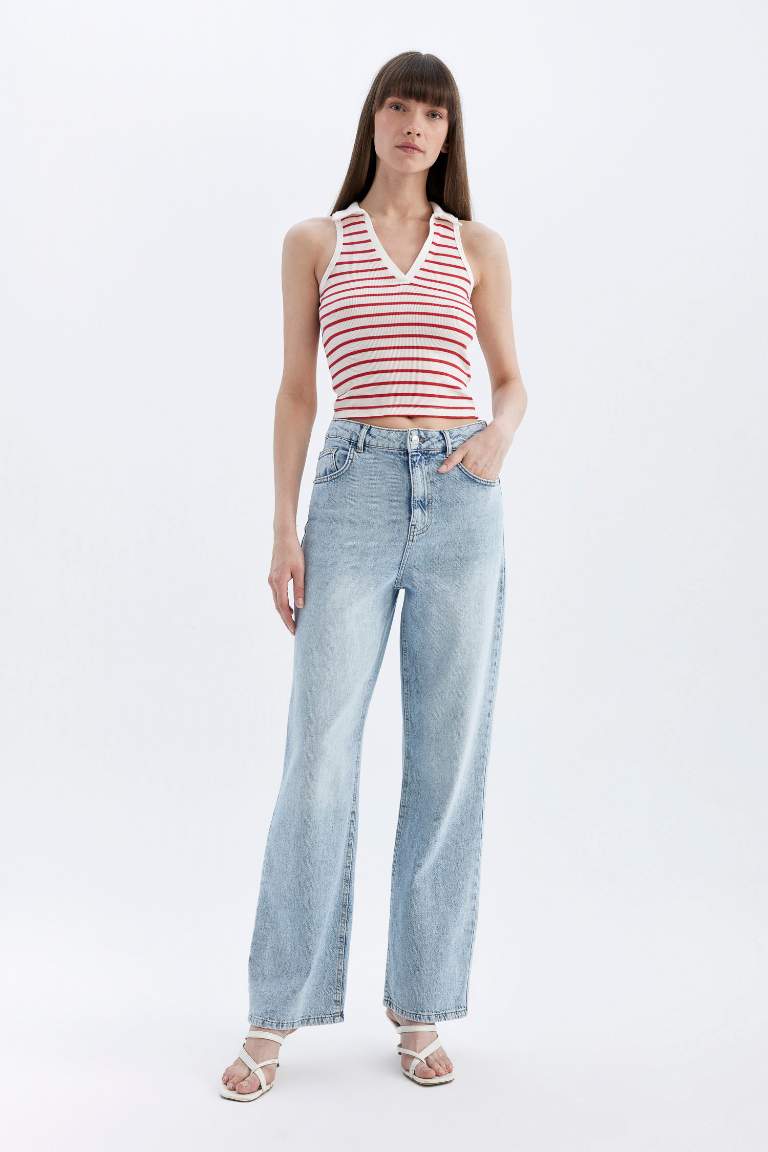 Slim Fit Striped Polo Neck Ribbed Crop Top