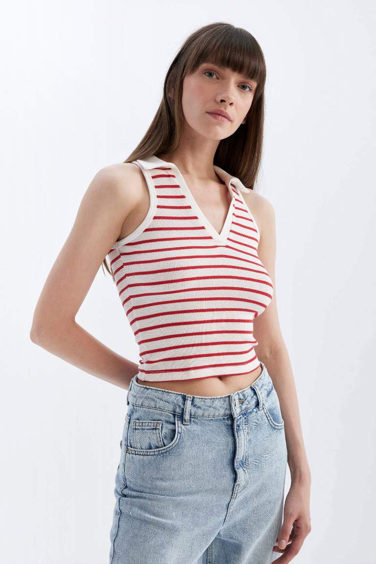 Slim Fit Striped Polo Neck Ribbed Crop Top