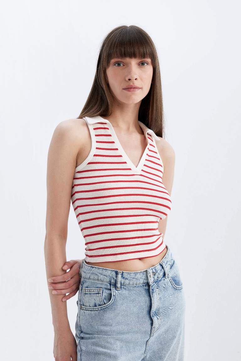 Slim Fit Striped Polo Neck Ribbed Crop Top