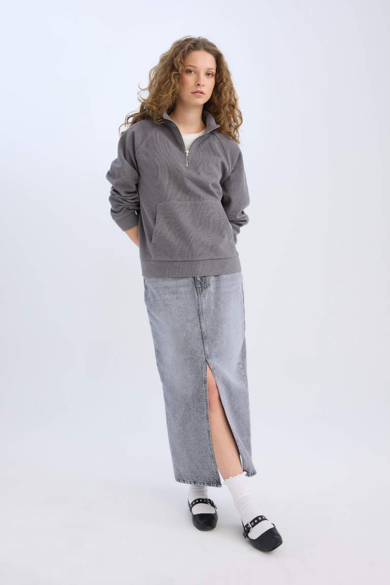 Long Fit Yırtmaçlı Cepli Uzun Boy Jean Etek
