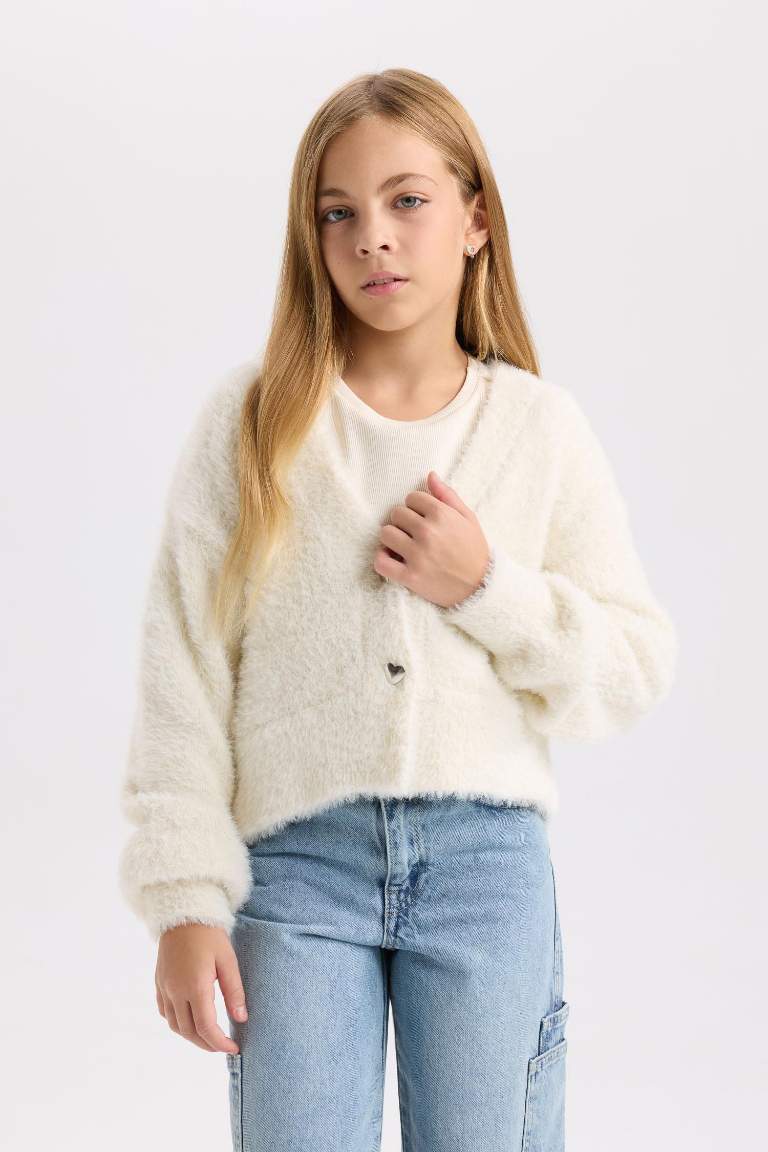 Girl V Neck Buttoned Plush Cardigan