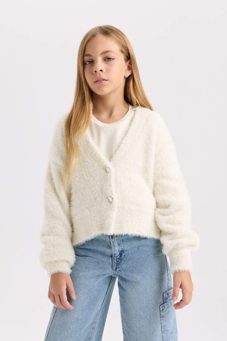 Girl V Neck Buttoned Plush Cardigan