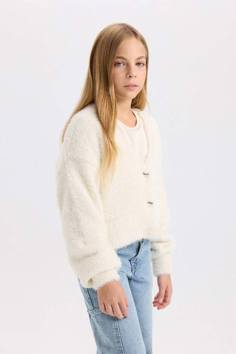 Girl V Neck Buttoned Plush Cardigan