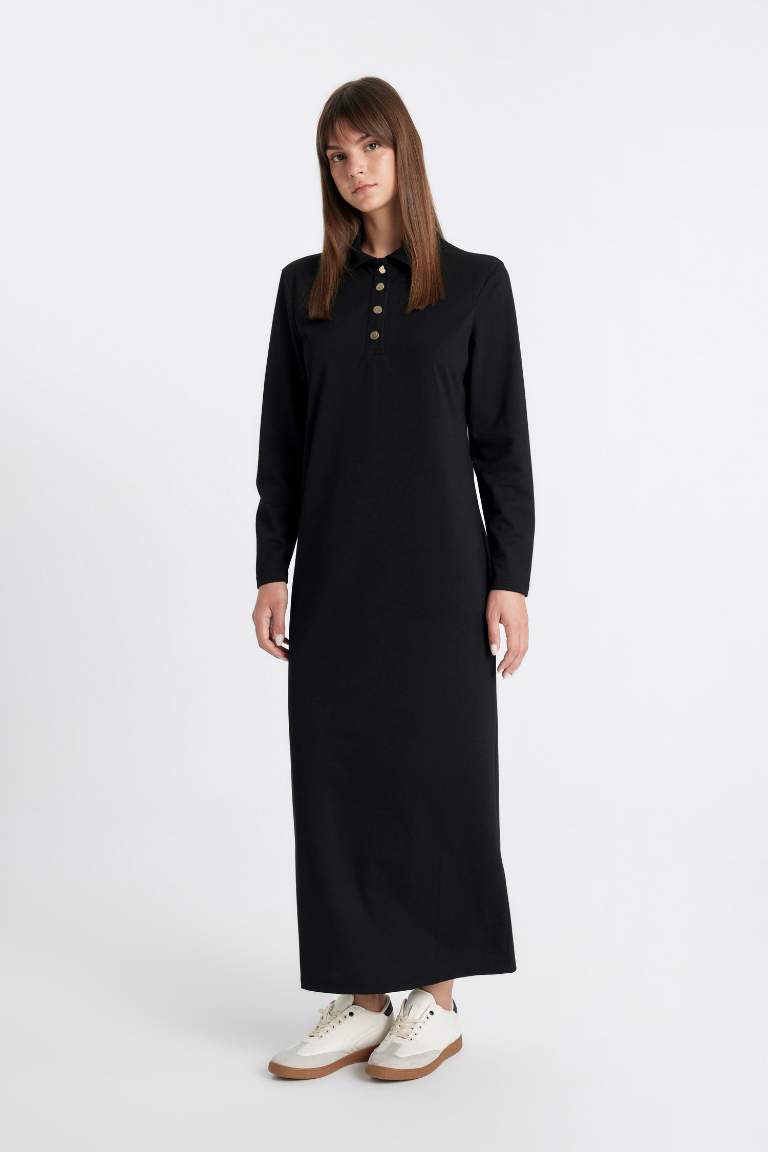 Regular Fit Polo Yaka Uzun Kollu Pike Maxi Basic Elbise