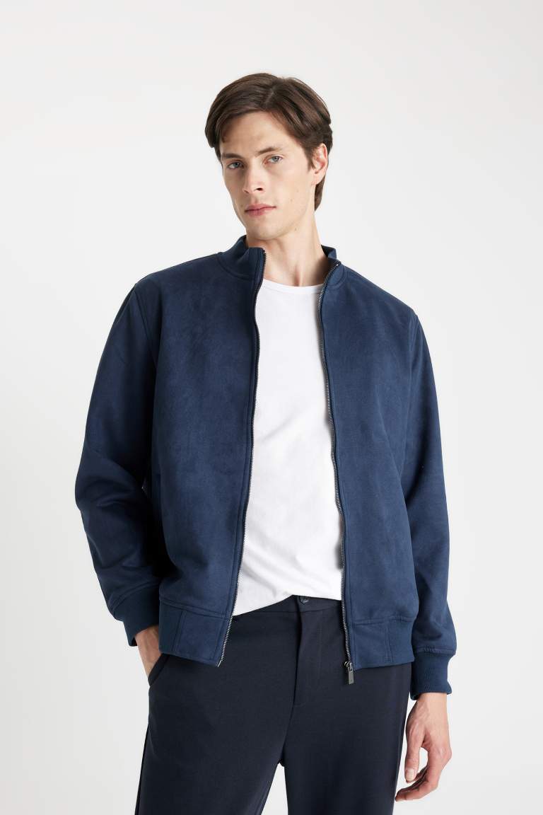 Slim Fit Dar Kesim Dik Yaka Astarlı Fermuarlı Cepli Süet Mevsimlik Baharlık Mont