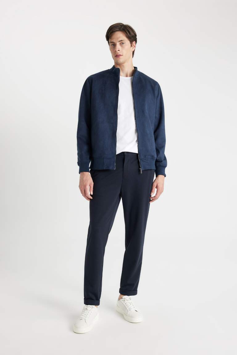 Slim Fit Dar Kesim Dik Yaka Astarlı Fermuarlı Cepli Süet Mevsimlik Baharlık Mont