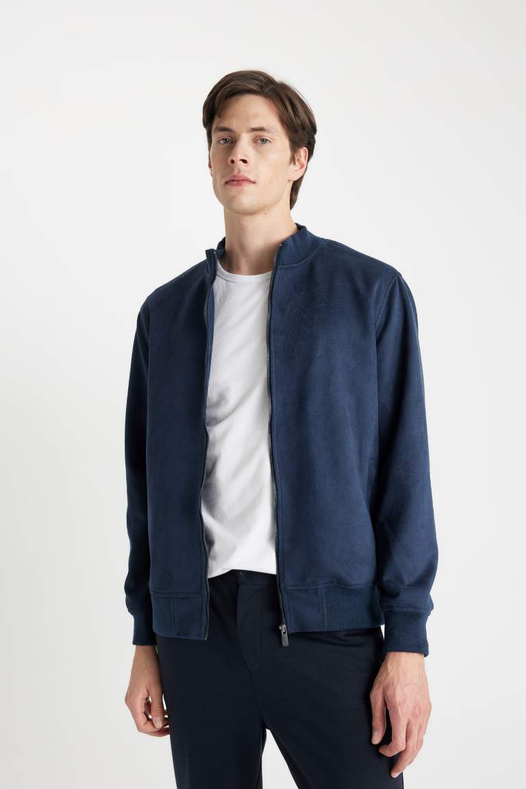 Slim Fit Dar Kesim Dik Yaka Astarlı Fermuarlı Cepli Süet Mevsimlik Baharlık Mont