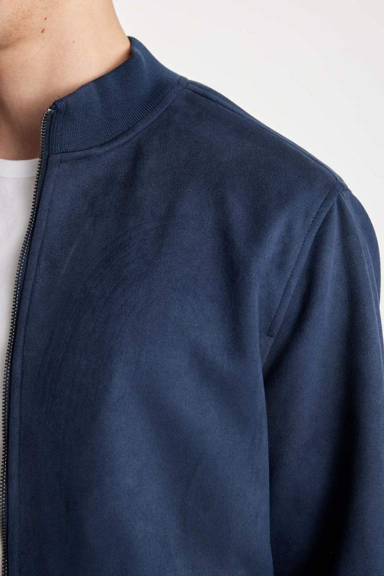 Slim Fit Dar Kesim Dik Yaka Astarlı Fermuarlı Cepli Süet Mevsimlik Baharlık Mont