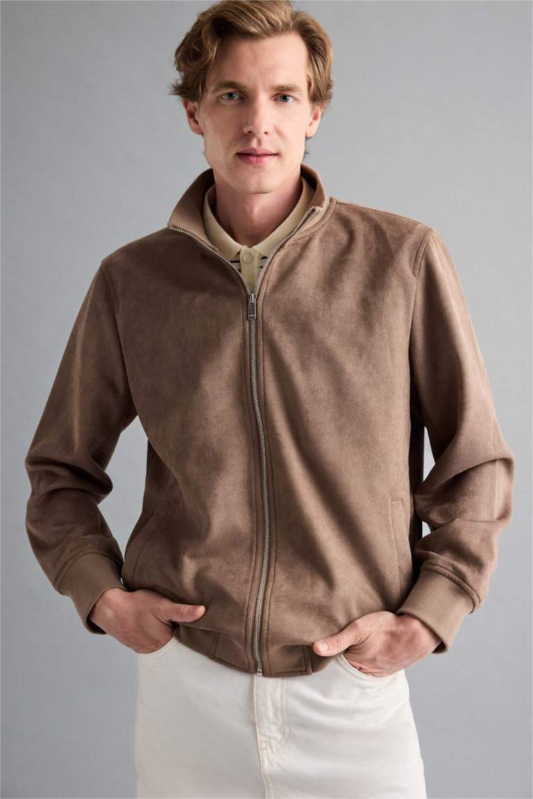 Slim Fit Dar Kesim Dik Yaka Astarlı Fermuarlı Cepli Süet Mevsimlik Baharlık Mont