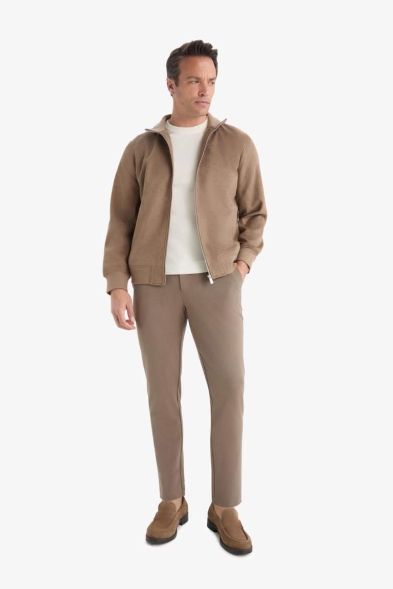 Slim Fit Dar Kesim Dik Yaka Astarlı Fermuarlı Cepli Süet Mevsimlik Baharlık Mont
