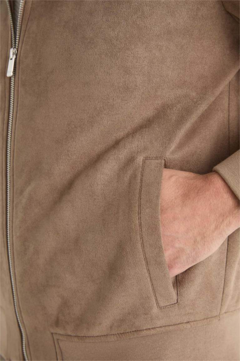 Slim Fit Dar Kesim Dik Yaka Astarlı Fermuarlı Cepli Süet Mevsimlik Baharlık Mont