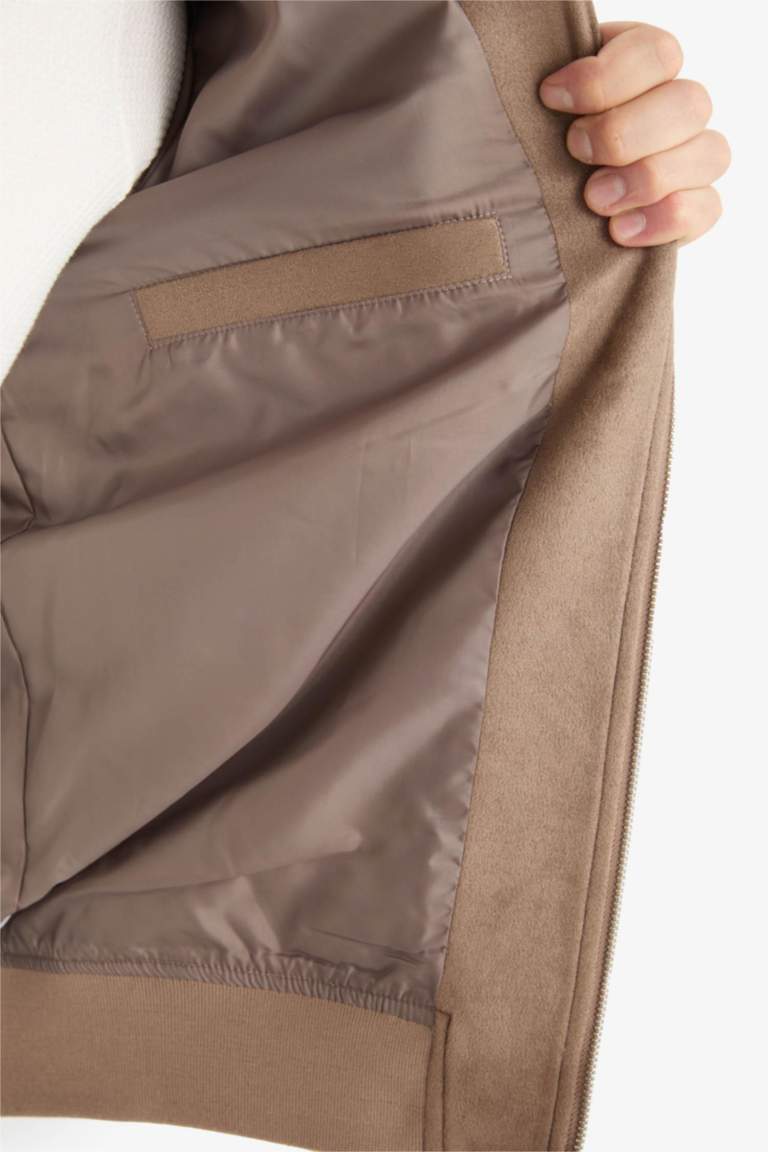 Slim Fit Dar Kesim Dik Yaka Astarlı Fermuarlı Cepli Süet Mevsimlik Baharlık Mont