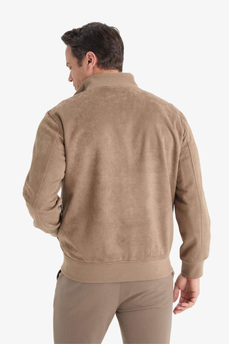Slim Fit Dar Kesim Dik Yaka Astarlı Fermuarlı Cepli Süet Mevsimlik Baharlık Mont