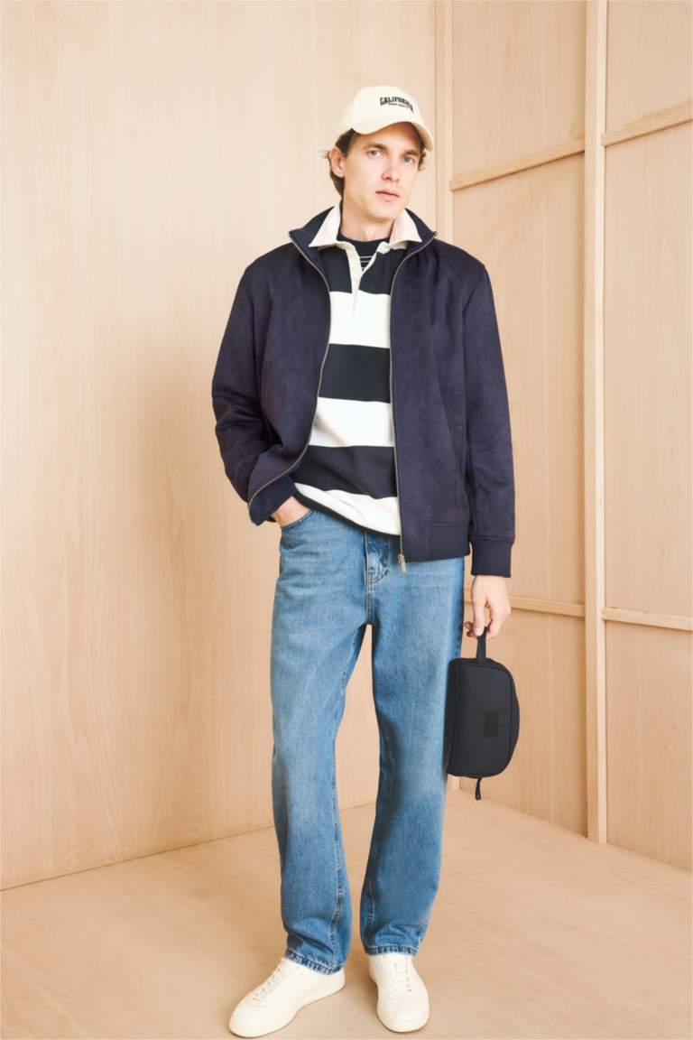 Slim Fit Dar Kesim Dik Yaka Astarlı Fermuarlı Cepli Süet Mevsimlik Baharlık Mont