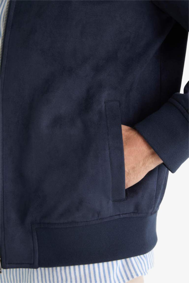 Slim Fit Dar Kesim Dik Yaka Astarlı Fermuarlı Cepli Süet Mevsimlik Baharlık Mont