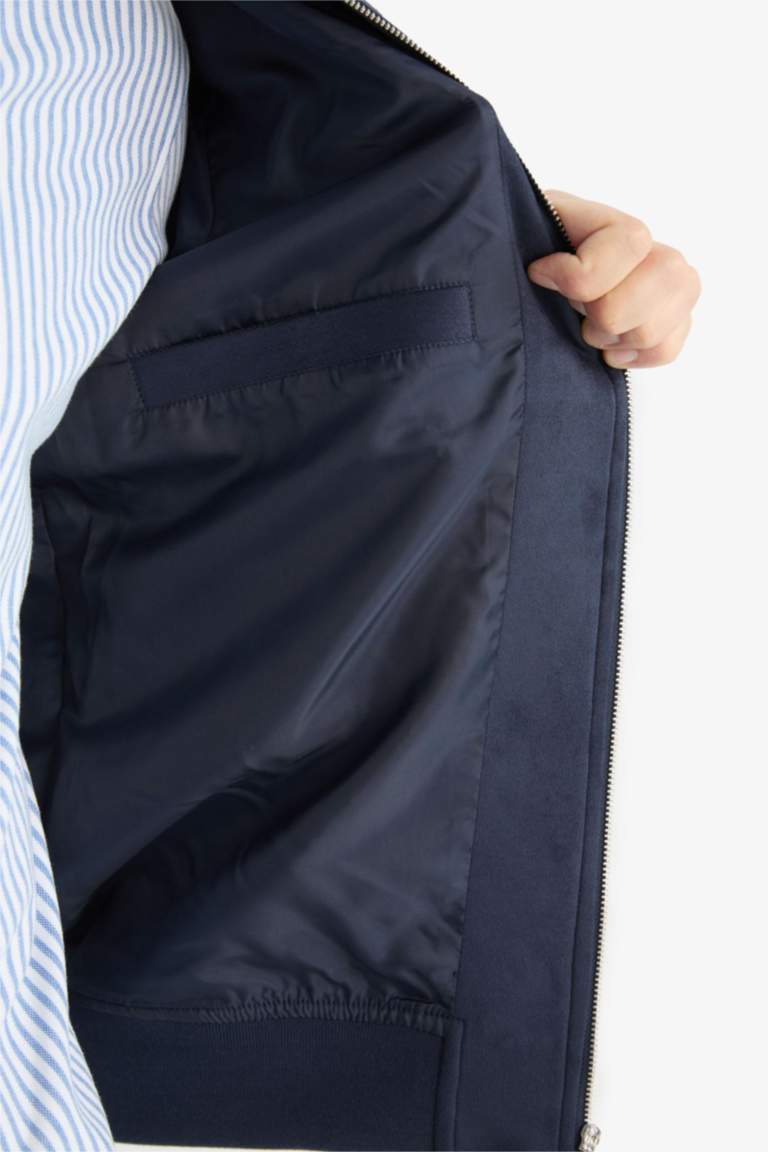 Slim Fit Dar Kesim Dik Yaka Astarlı Fermuarlı Cepli Süet Mevsimlik Baharlık Mont