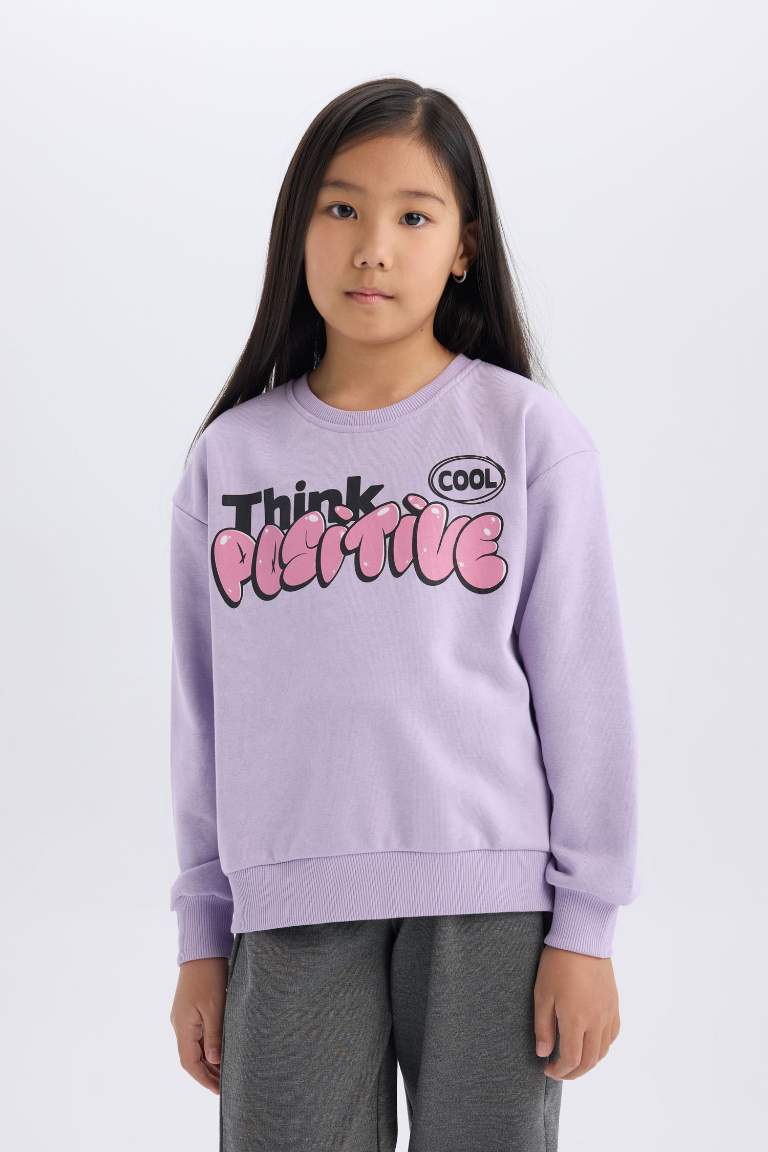 Girl Relax Fit Crew Neck Fun Printed Soft Furry Sweatshirt