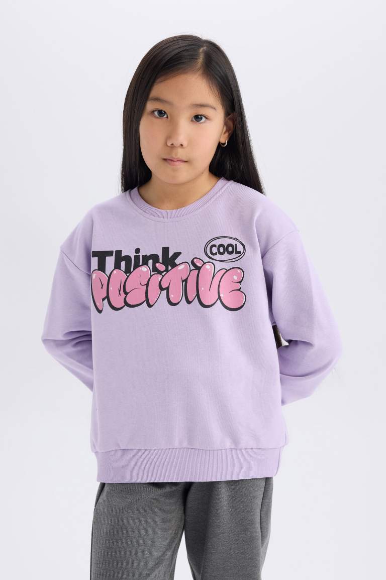 Girl Relax Fit Crew Neck Fun Printed Soft Furry Sweatshirt