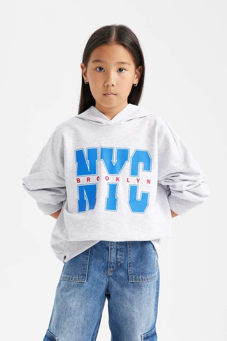 Girl Oversize Fit Hooded Printed Soft Furry Inside Sweatshirt