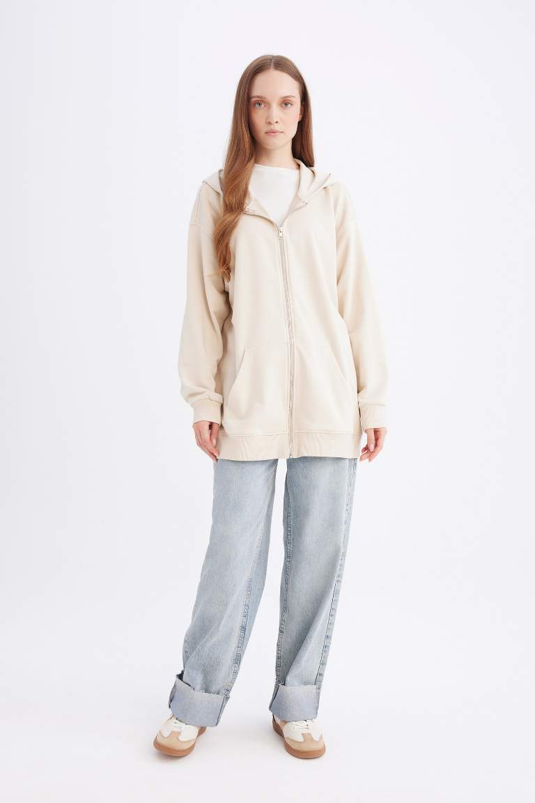 Kapüşonlu Basic Düz İçi Yumuşak Tüylü Kalın Fermuarlı Sweatshirt
