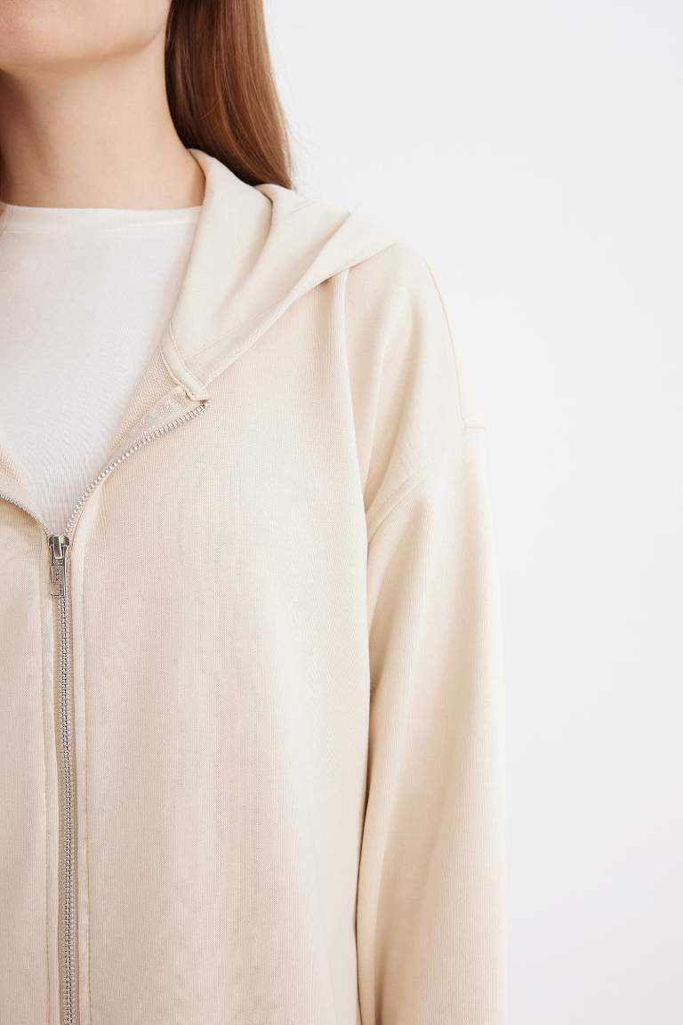 Kapüşonlu Basic Düz İçi Yumuşak Tüylü Kalın Fermuarlı Sweatshirt
