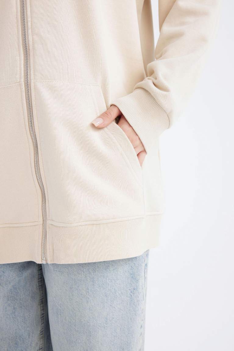 Kapüşonlu Basic Düz İçi Yumuşak Tüylü Kalın Fermuarlı Sweatshirt