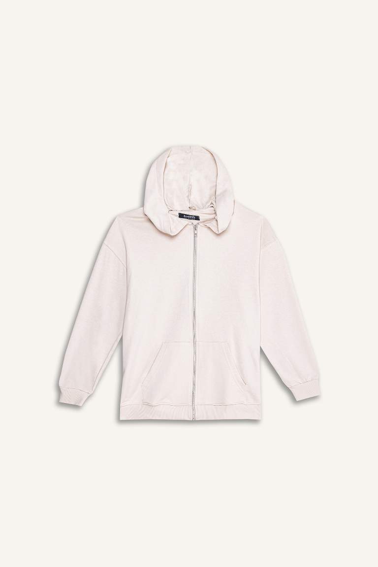 Kapüşonlu Basic Düz İçi Yumuşak Tüylü Kalın Fermuarlı Sweatshirt