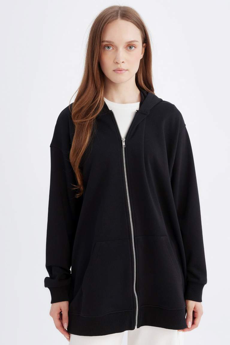 Kapüşonlu Basic Düz İçi Yumuşak Tüylü Kalın Fermuarlı Sweatshirt