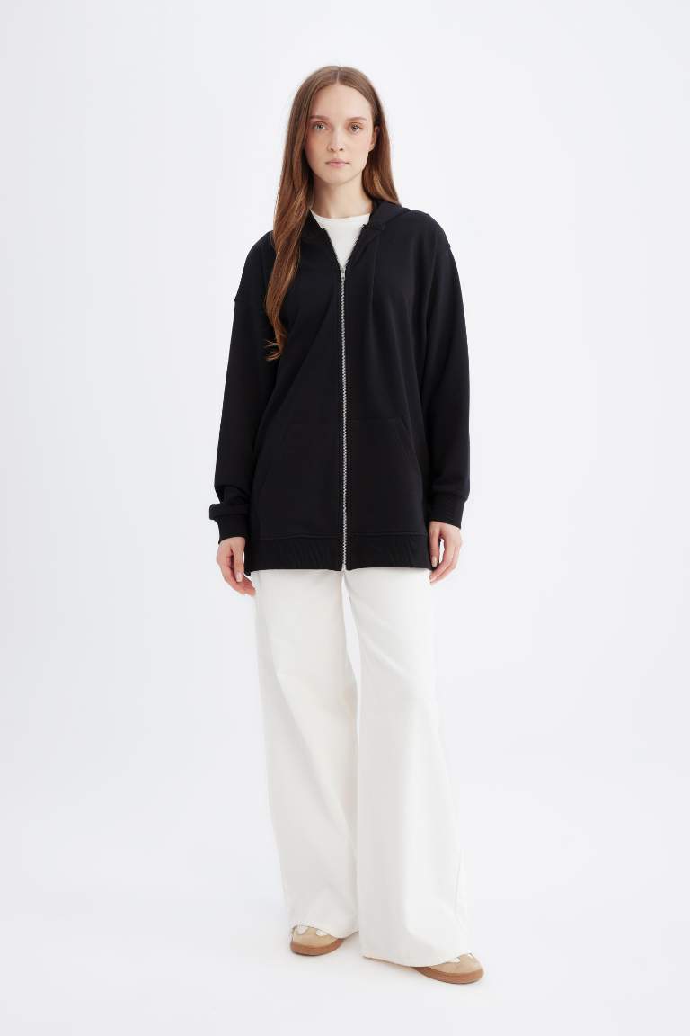 Kapüşonlu Basic Düz İçi Yumuşak Tüylü Kalın Fermuarlı Sweatshirt