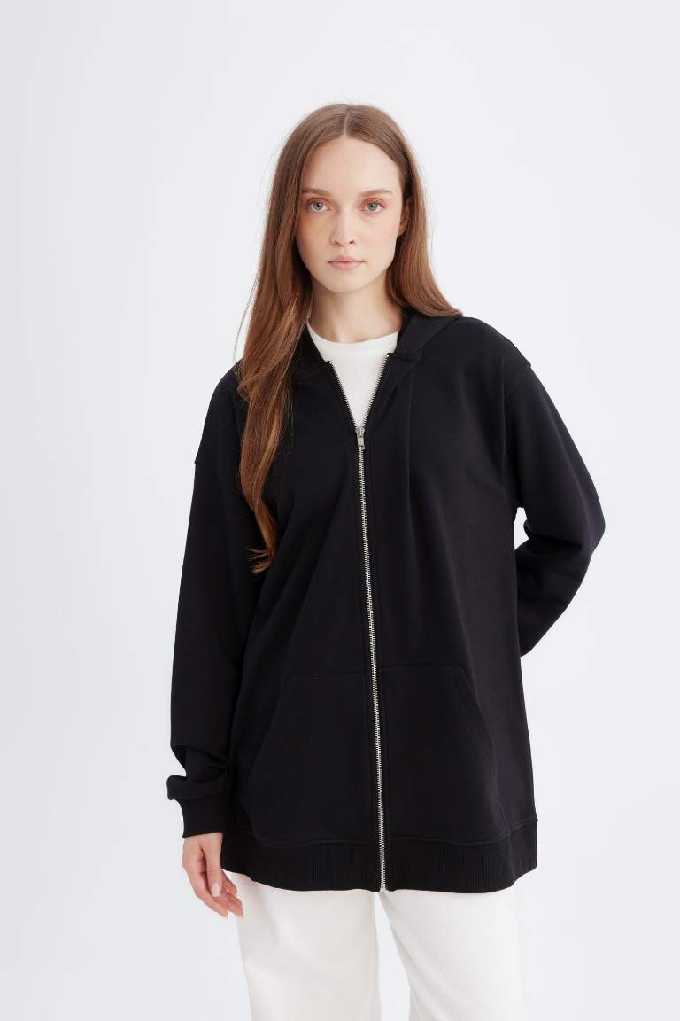 Kapüşonlu Basic Düz İçi Yumuşak Tüylü Kalın Fermuarlı Sweatshirt