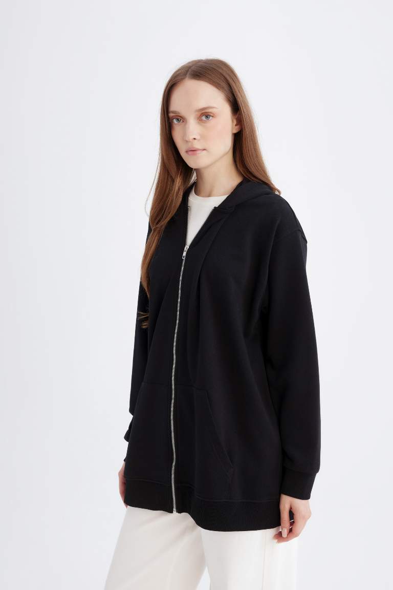 Kapüşonlu Basic Düz İçi Yumuşak Tüylü Kalın Fermuarlı Sweatshirt