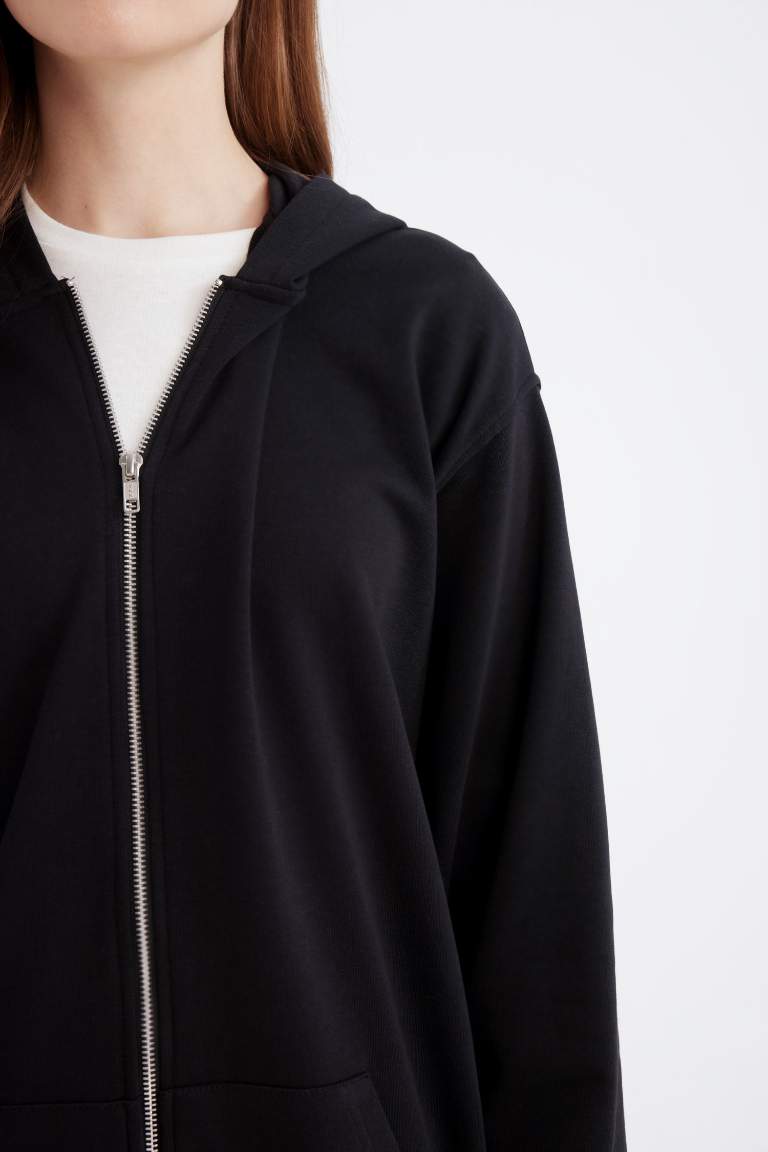 Kapüşonlu Basic Düz İçi Yumuşak Tüylü Kalın Fermuarlı Sweatshirt