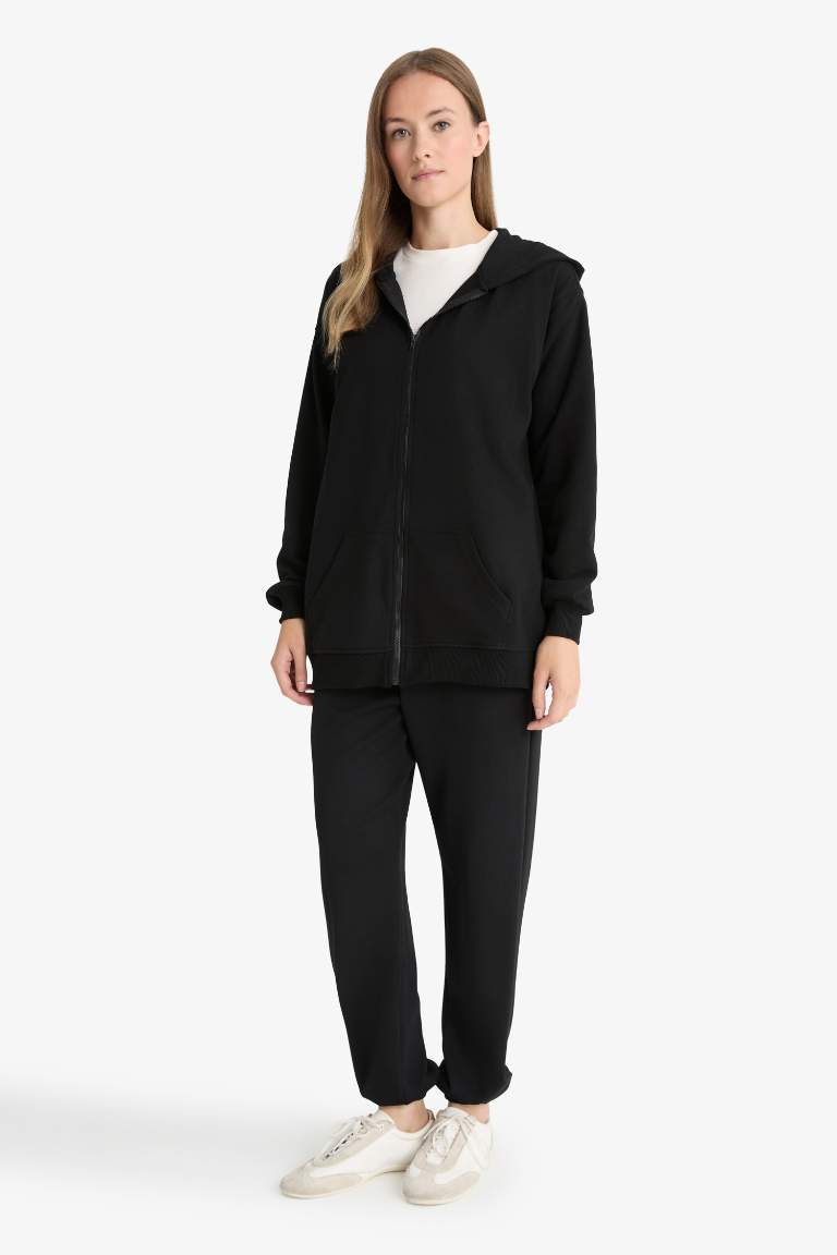 Kapüşonlu Basic Düz İçi Yumuşak Tüylü Kalın Fermuarlı Sweatshirt