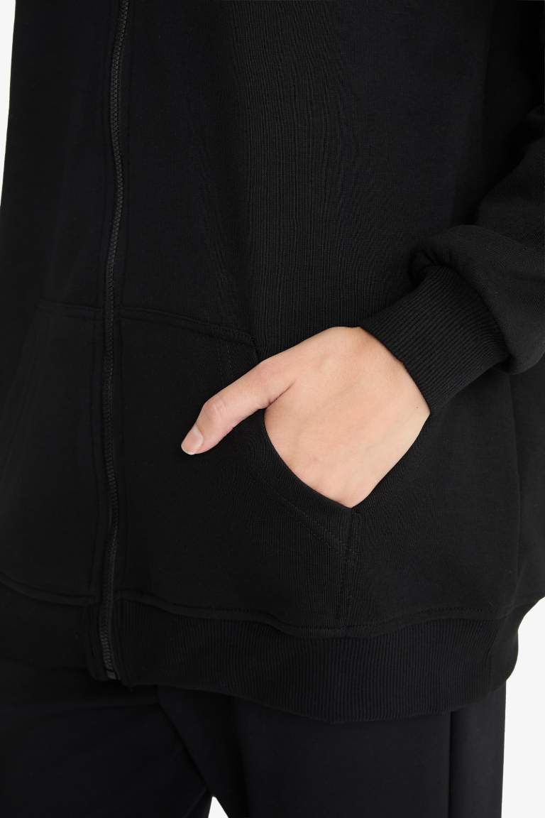 Kapüşonlu Basic Düz İçi Yumuşak Tüylü Kalın Fermuarlı Sweatshirt