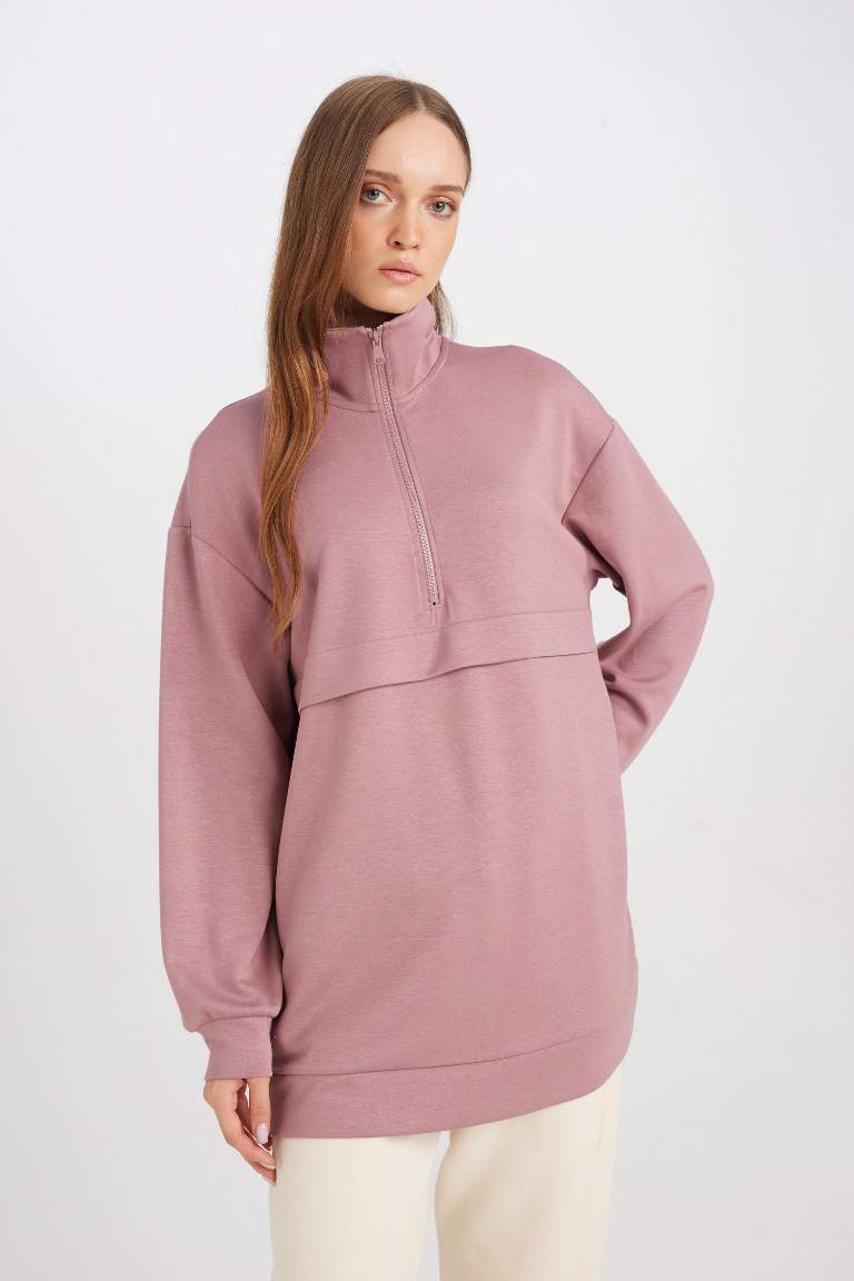 Regular Fit Half Zippered Stand Collar Basic Sweatshirt Tunic