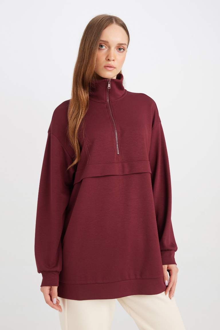 Regular Fit Half Zipper Basic Sweatshirt Tunic