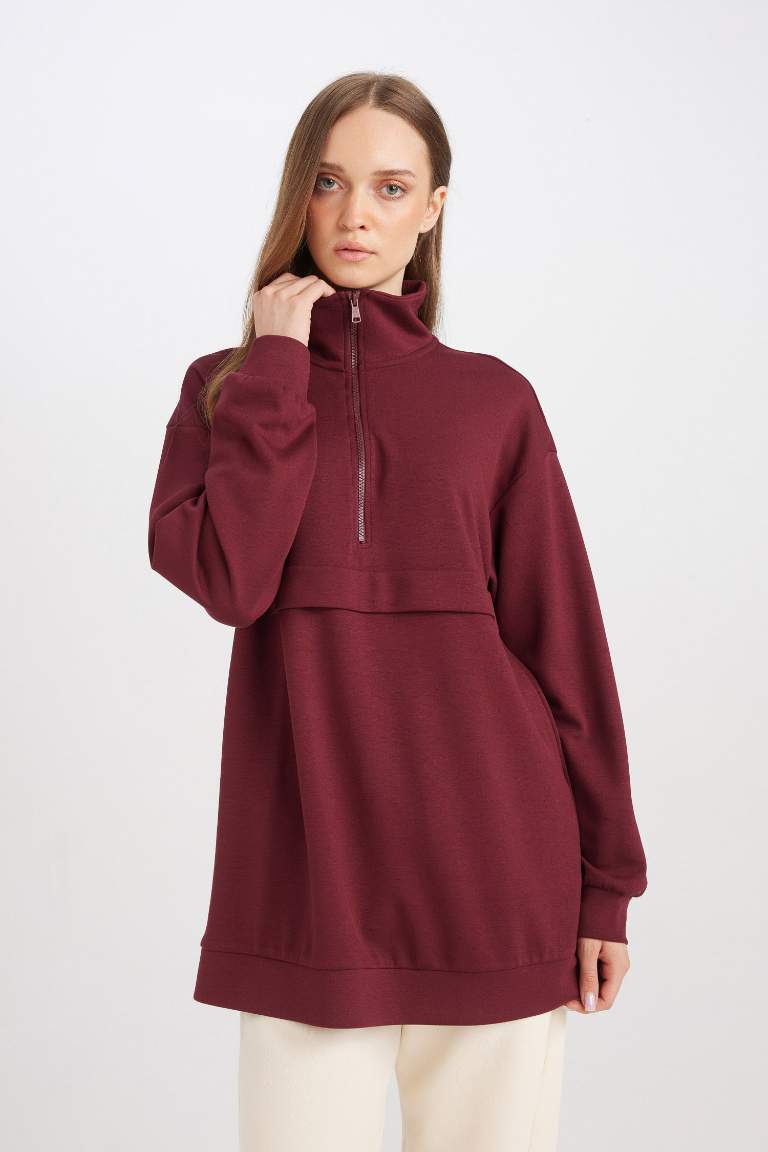 Regular Fit Half Zipper Basic Sweatshirt Tunic