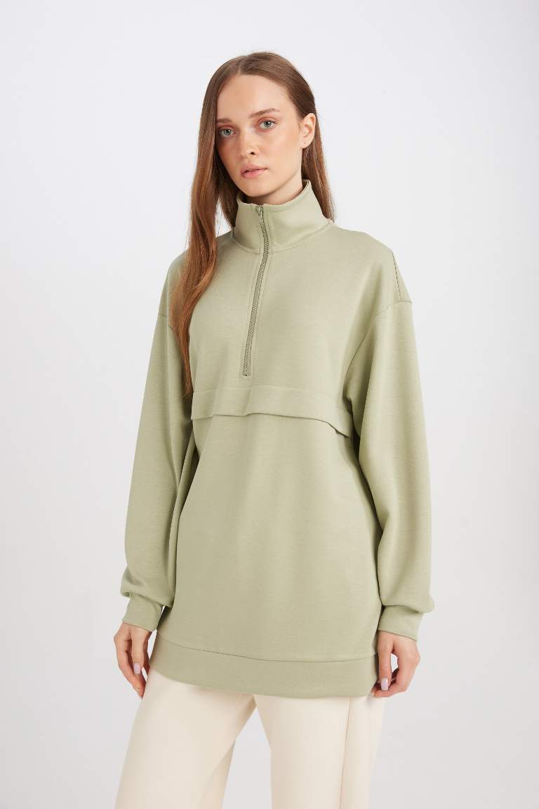 Yarım Fermuarlı Dik Yaka Basic Düz Sweatshirt Tunik