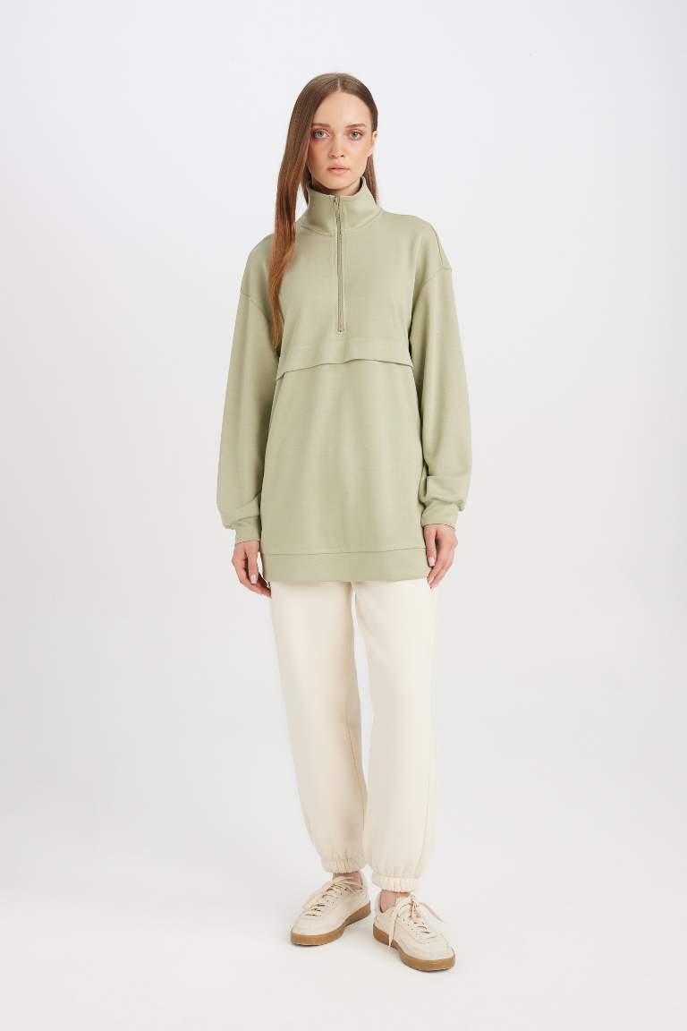 Regular Fit Half Zipper Basic Sweatshirt Tunic