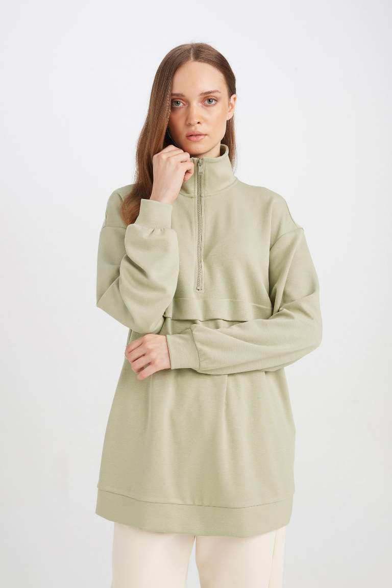 Regular Fit Half Zipper Basic Sweatshirt Tunic