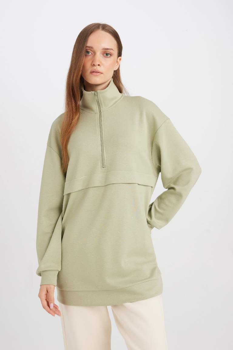 Regular Fit Half Zipper Basic Sweatshirt Tunic