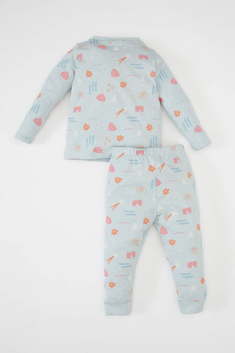 Kız Bebek Pijama Takımı Desenli Penye Bisiklet Yaka Uzun Kollu Üst Uzun Alt